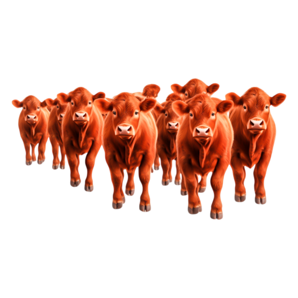 Group of Ten Lively Brown Cattle Walking Together on Farm Path png