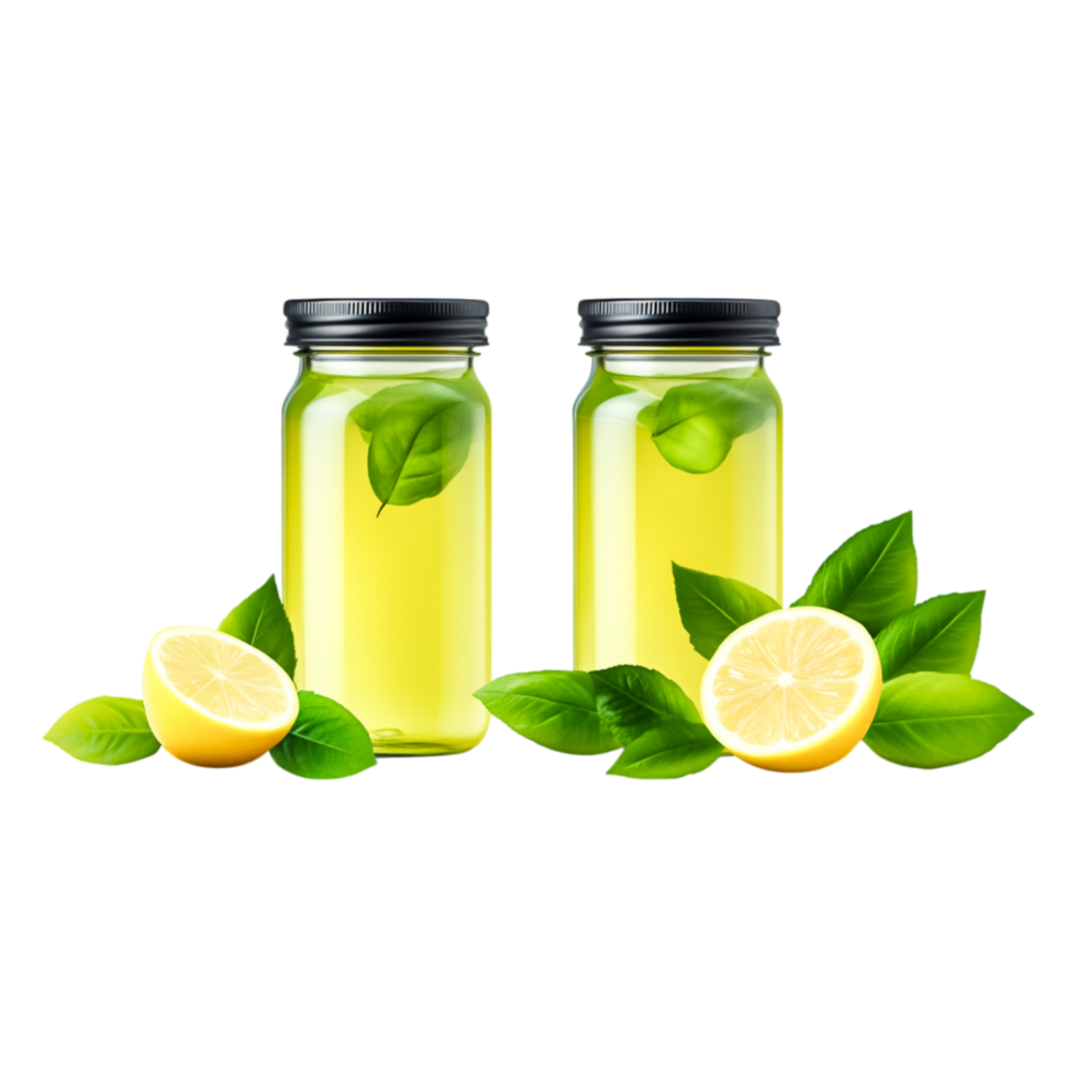 Refreshing Lemonade in Glass Jars with Fresh Lemon and Leaves png