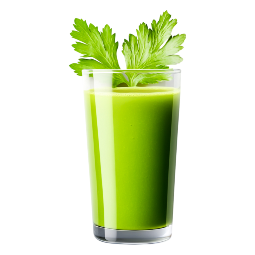 Fresh Green Vegetable Juice in a Clear Glass with Celery Garnish png