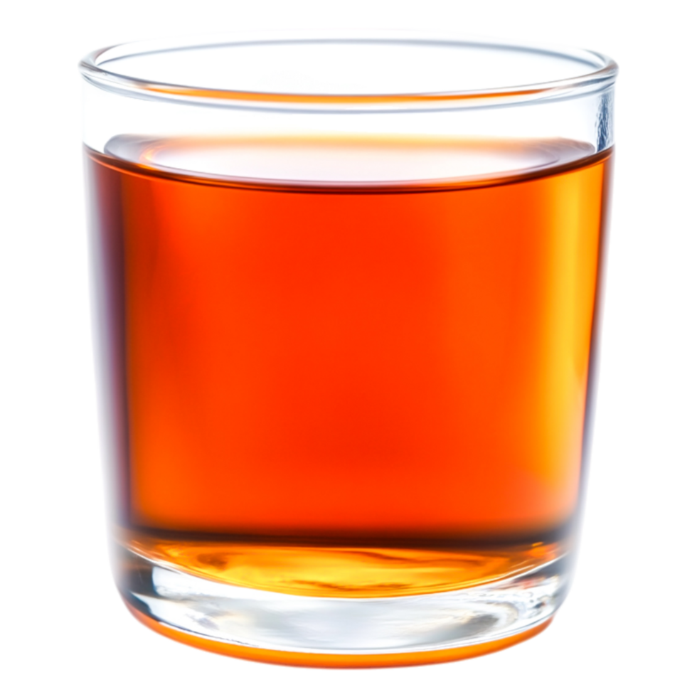 Glass of amber-colored beverage reflecting natural light with ice png