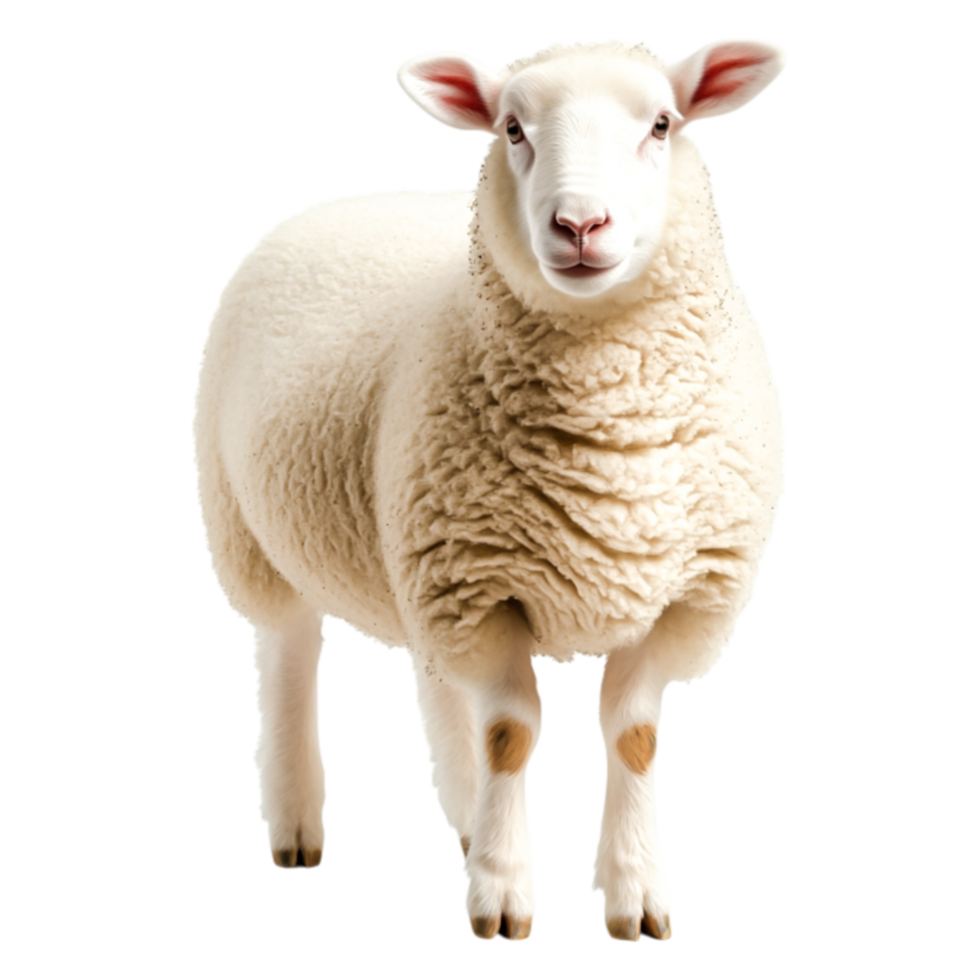 White Sheep Standing on Green Grass with Fluffy Wool Coat png