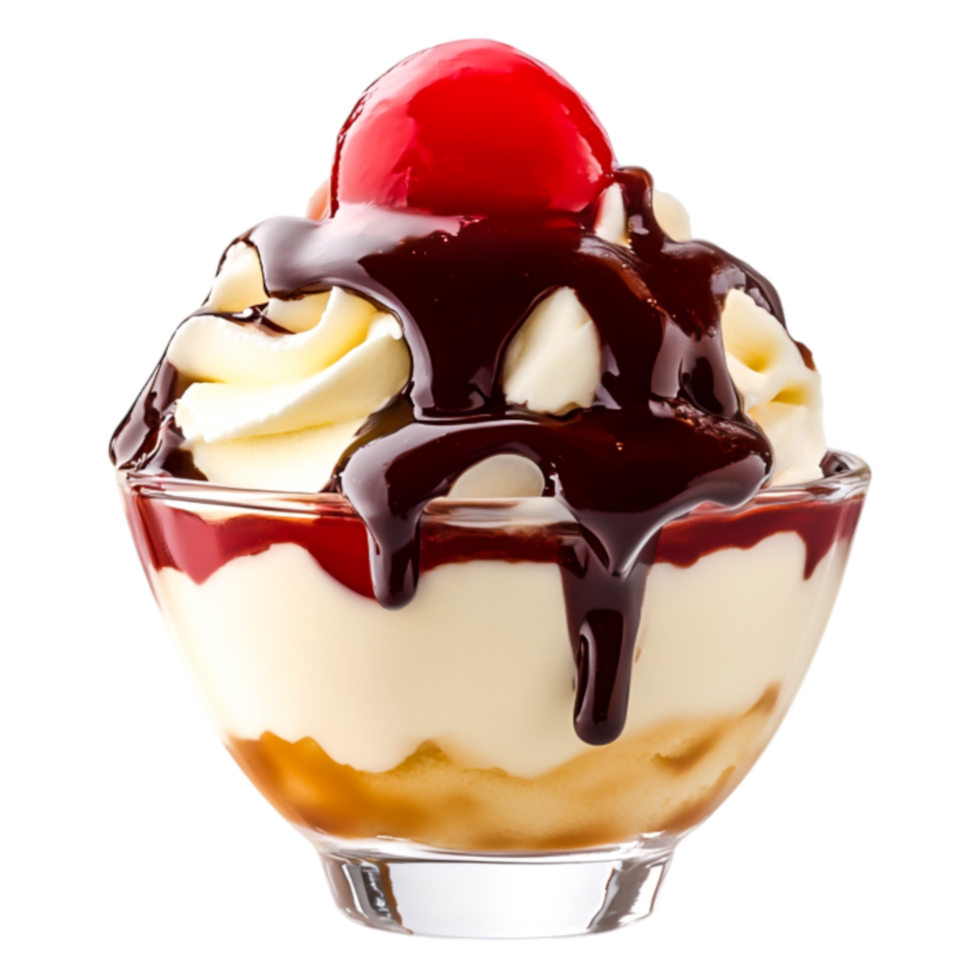 Delicious Dessert Sundae with Cherry and Chocolate Topping png