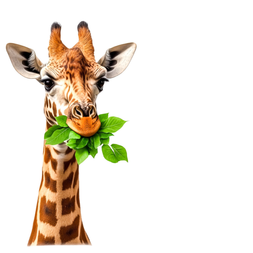 closeup of a Giraffe Head Eating Green Leaves in Natural Habitat png