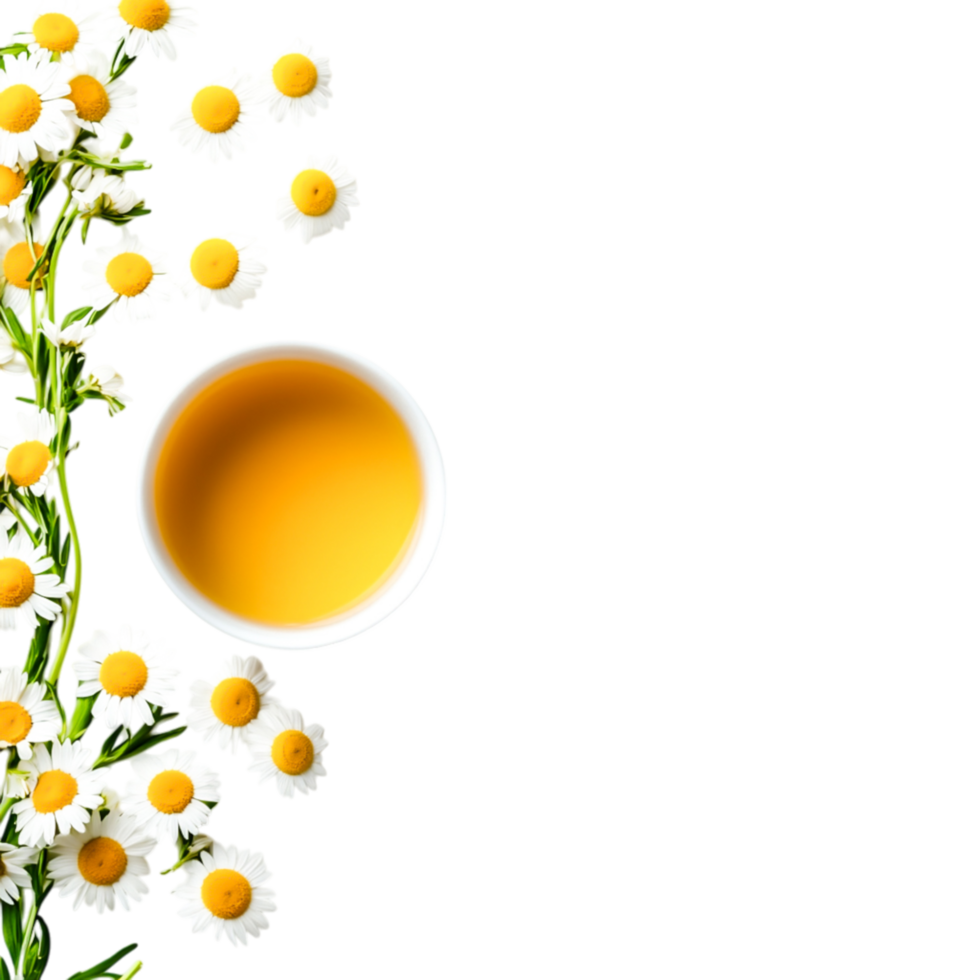 Herbal Tea Composition with Chamomile Flowers on Black Background png