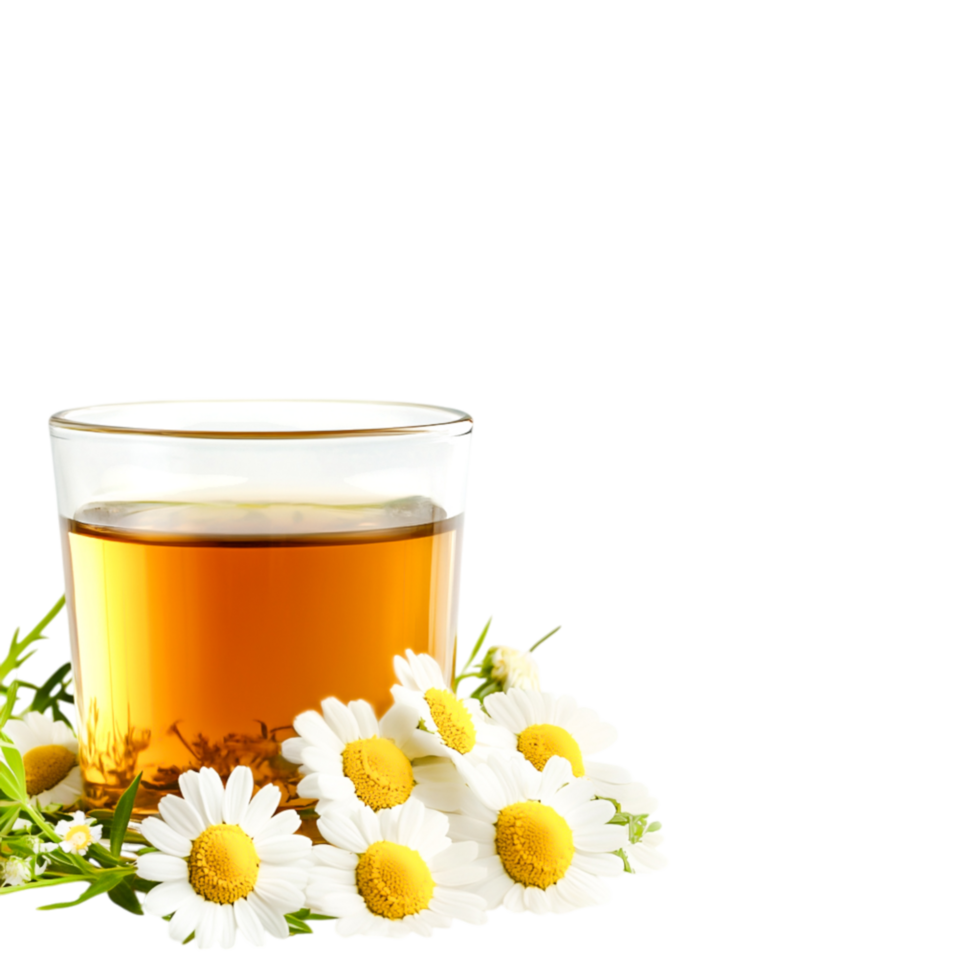 Herbal tea in clear glass surrounded by fresh daisies and greens png