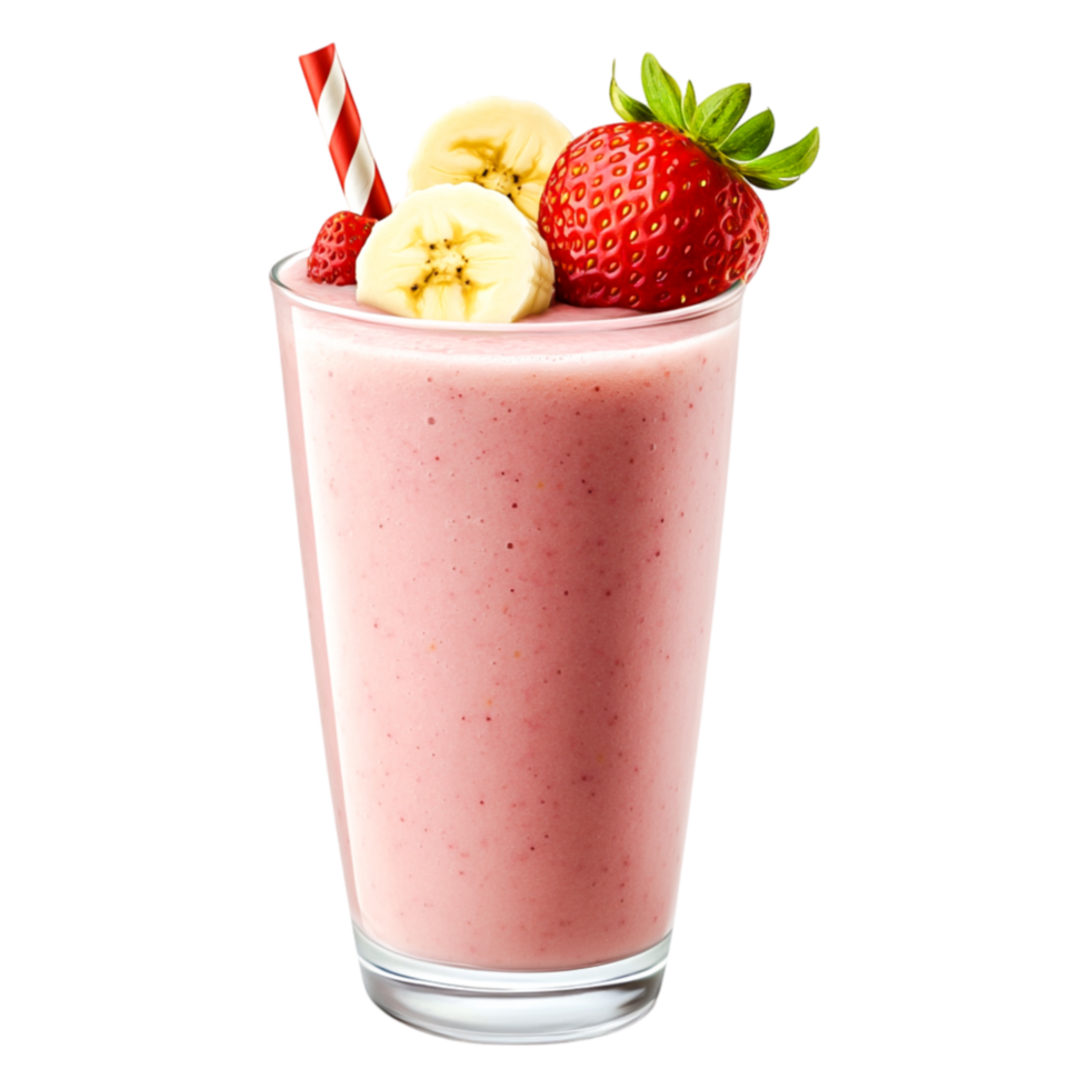 Fresh Strawberry Banana Smoothie in a Clear Glass with Straw png