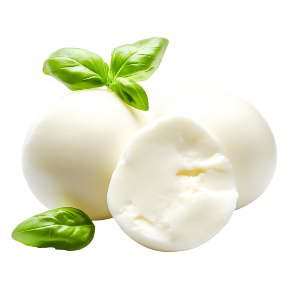 A Fresh Mozzarella Cheese with Basil Leaves on a png