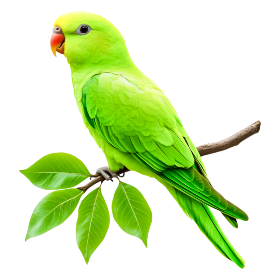 Vibrant Green Parrot Perched on a Leafy Branch in Natural Setting png