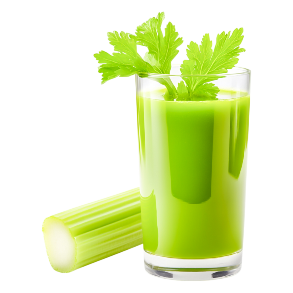 Fresh Celery Juice with Garnish and Raw Celery Stalk on png