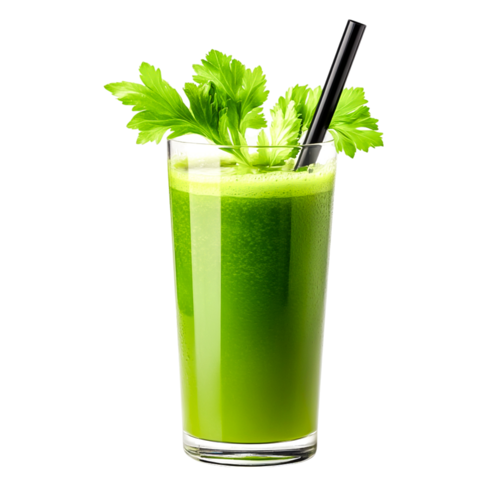 Fresh Green Juice with Celery Garnish in Clear Glass png