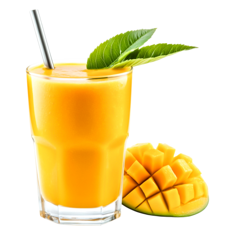 Refreshing Mango Smoothie with Garnish and Sliced Mango on Side png