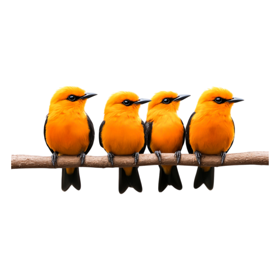 Colorful Bright Yellow Birds Perched on a Wooden Branch Together png