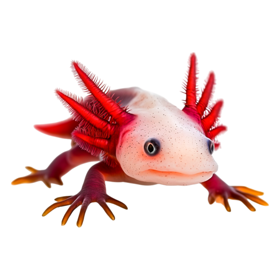 Cute axolotl amphibian with pink body and feathery gills in water png