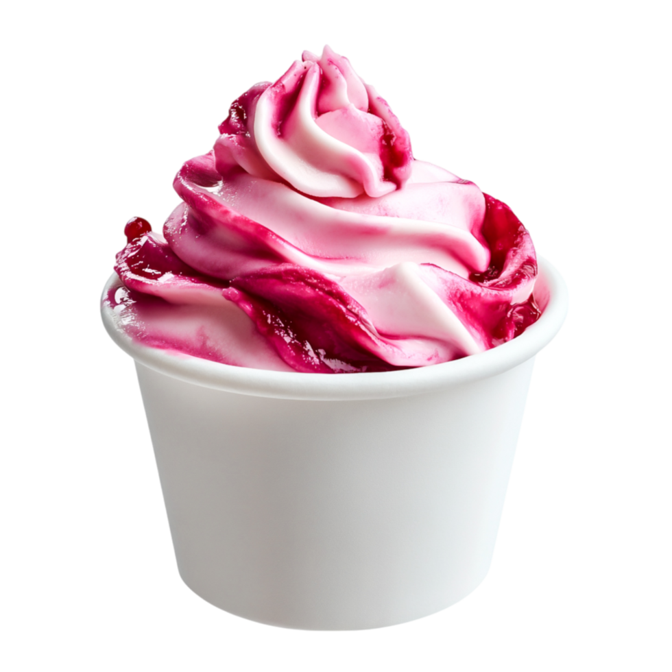 Creamy Soft Serve Ice Cream with Raspberry Swirl in White Cup png