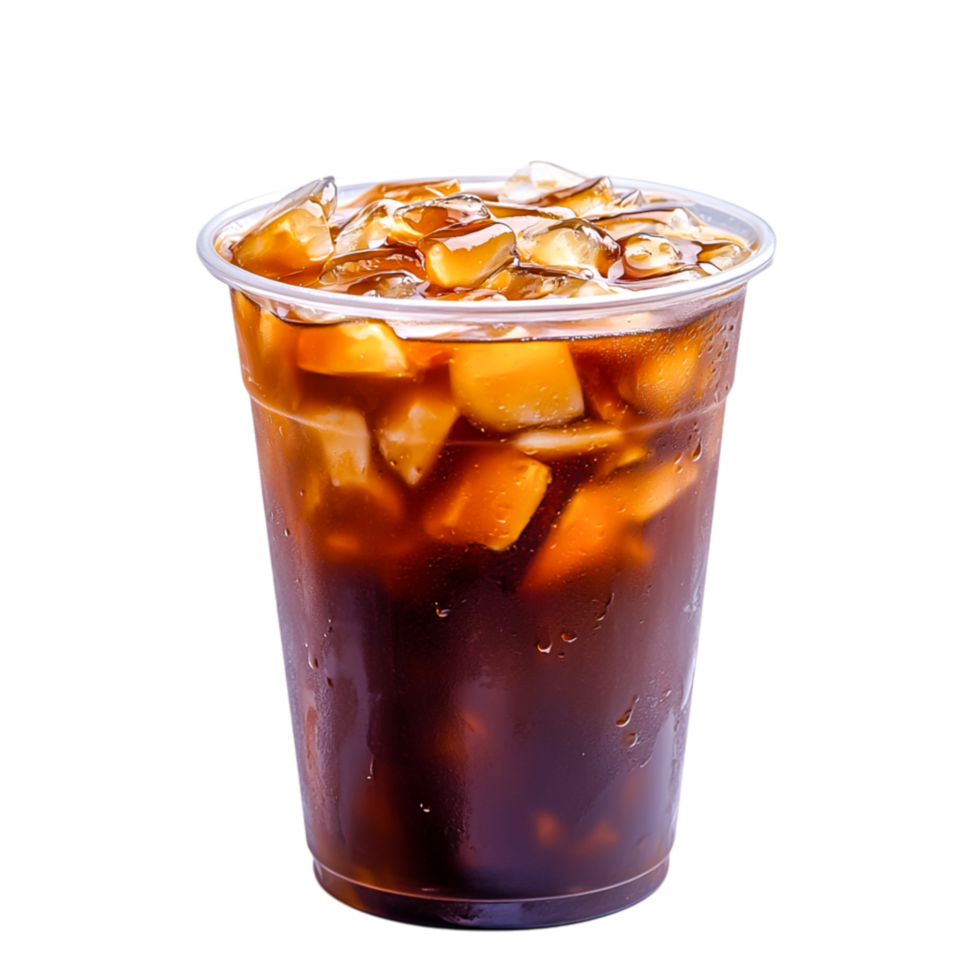 Delicious Iced Coffee Drink with Ice Cubes in Clear Plastic Cup png