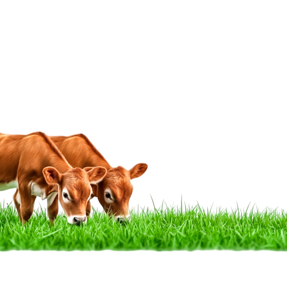 Two Young Calves Grazing on Fresh Green Grass in Sunny Field png