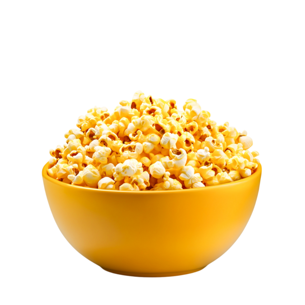 Freshly Popped Yellow Buttered Popcorn in Bright Yellow Bowl png