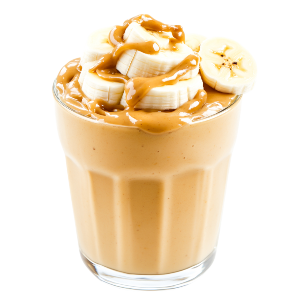 Creamy Banana Peanut Butter Smoothie with Sliced Bananas Topping png