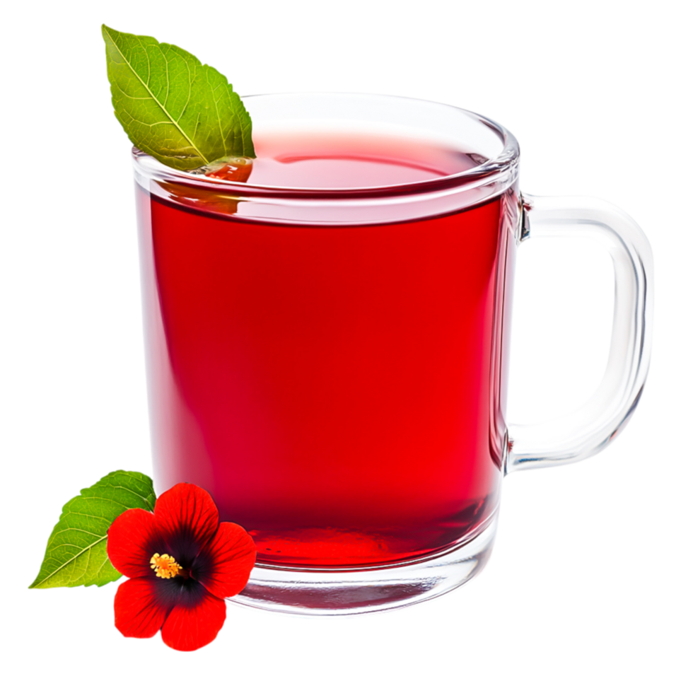 Fresh Hibiscus Tea in Glass Cup with Leaves and Flower on png