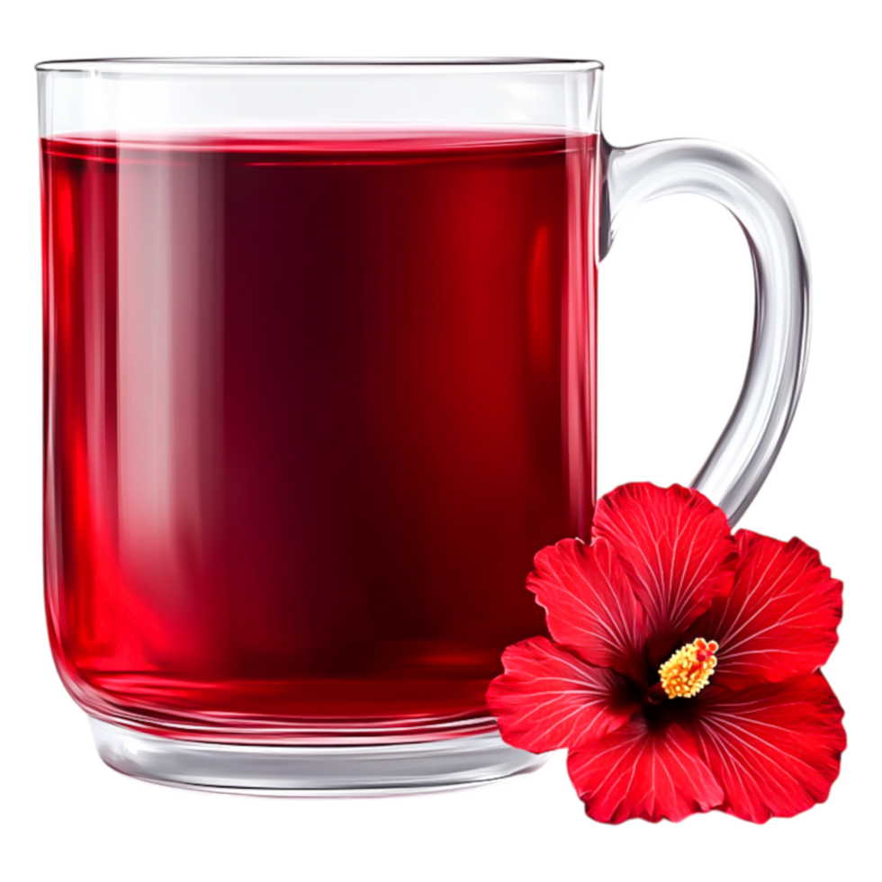 Refreshing Hibiscus Tea in Clear Glass Mug with Flower Decoration png