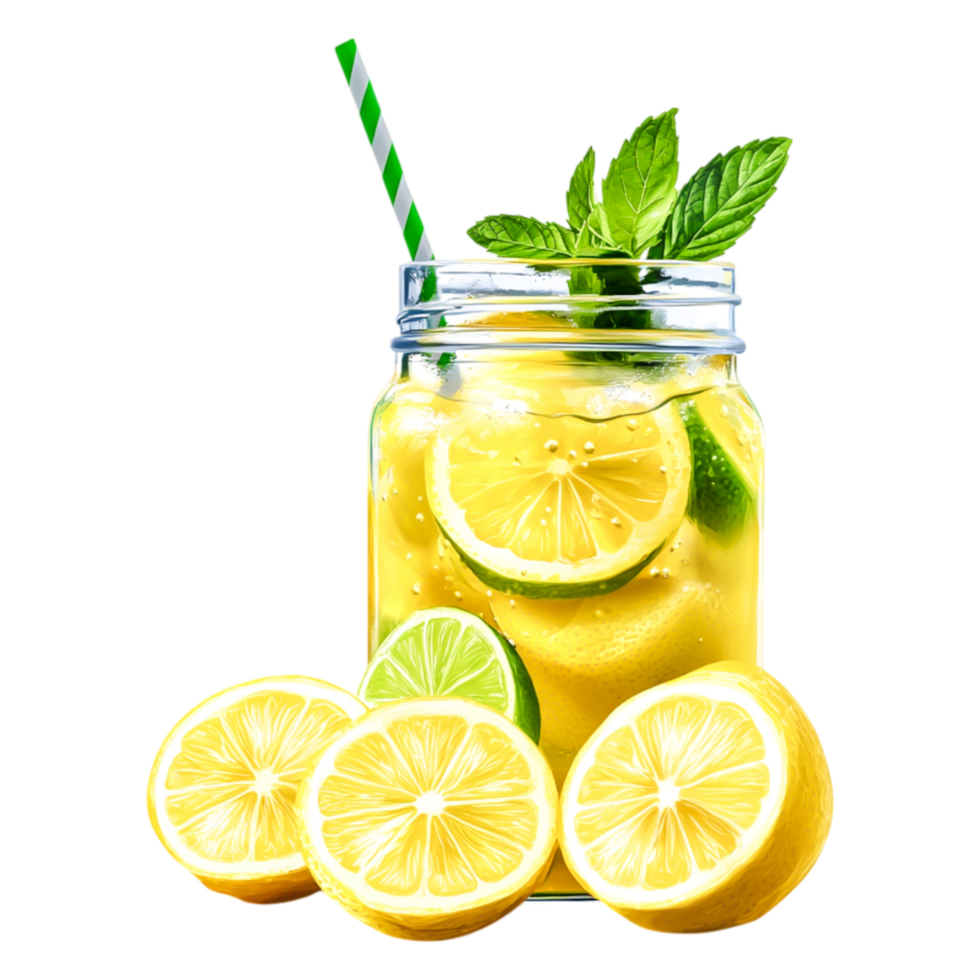 Refreshing Lemonade in Jar with Striped Straw and Fresh Mint Leaves png