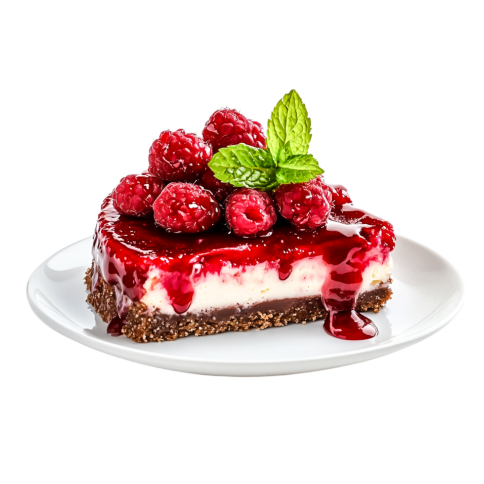 Delicious raspberry cheesecake slice with fresh mint garnish png