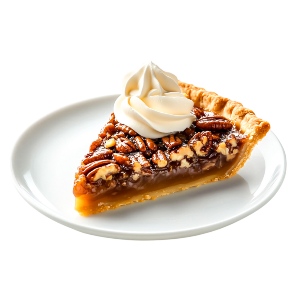 Delicious Slice of Pecan Pie with Whipped Cream on White Plate png