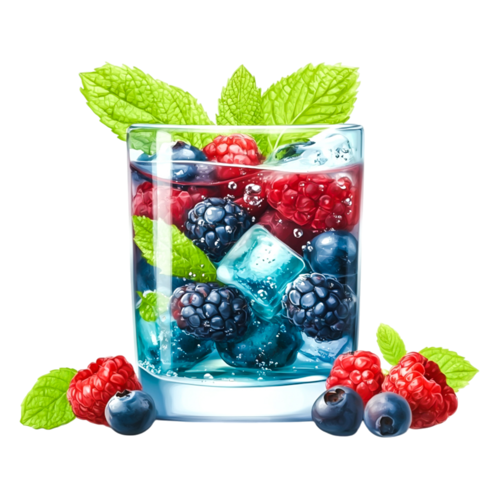 Refreshing Summer Drink with Berries and Mint Garnish in Glass png