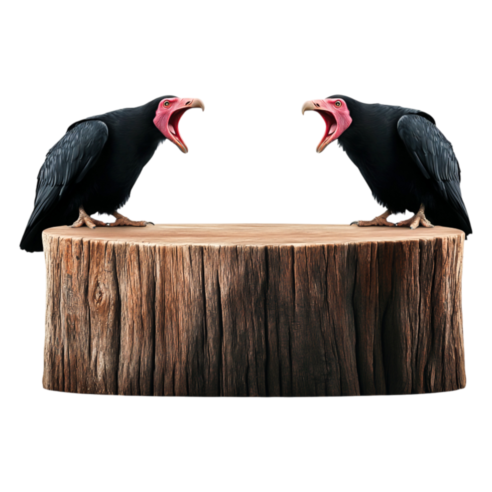 Two Black Vultures on a Rustic Wooden Log with Open Beaks png