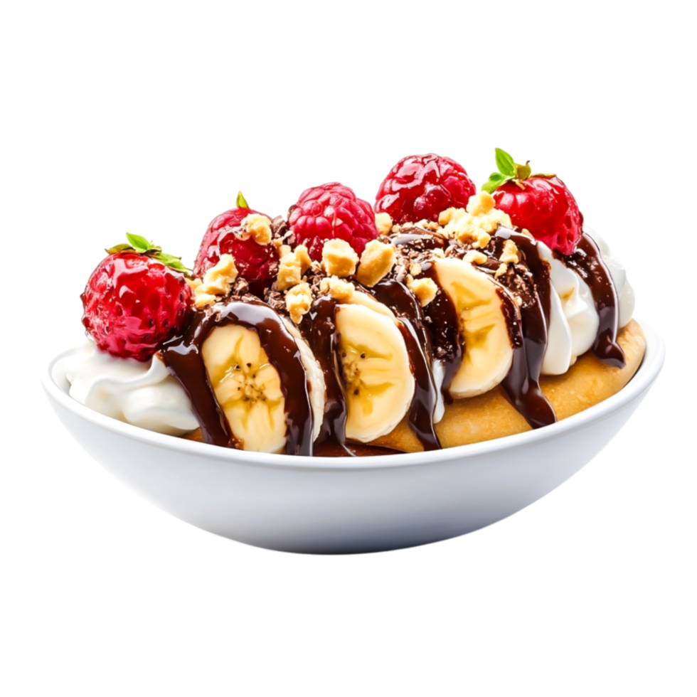 Delicious dessert with banana, raspberry, chocolate, and cream png