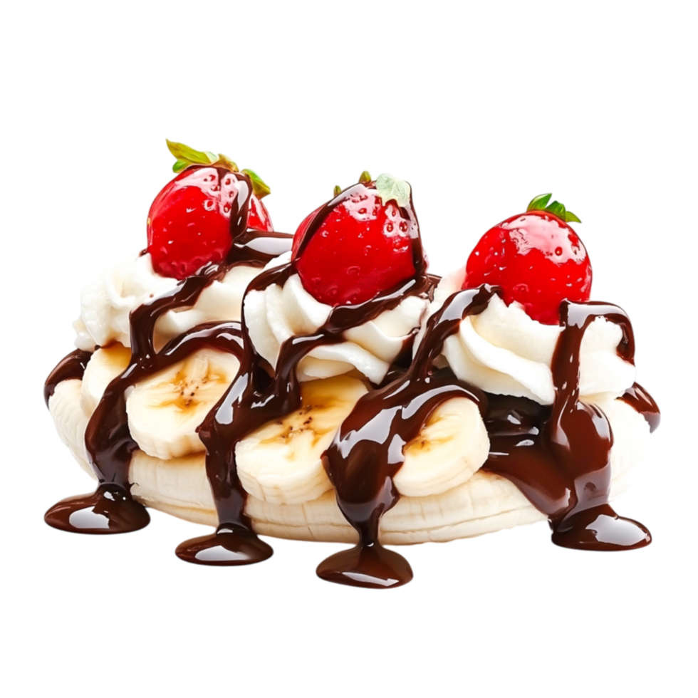 Delicious dessert bowl with bananas, whipped cream, and chocolate sauce png