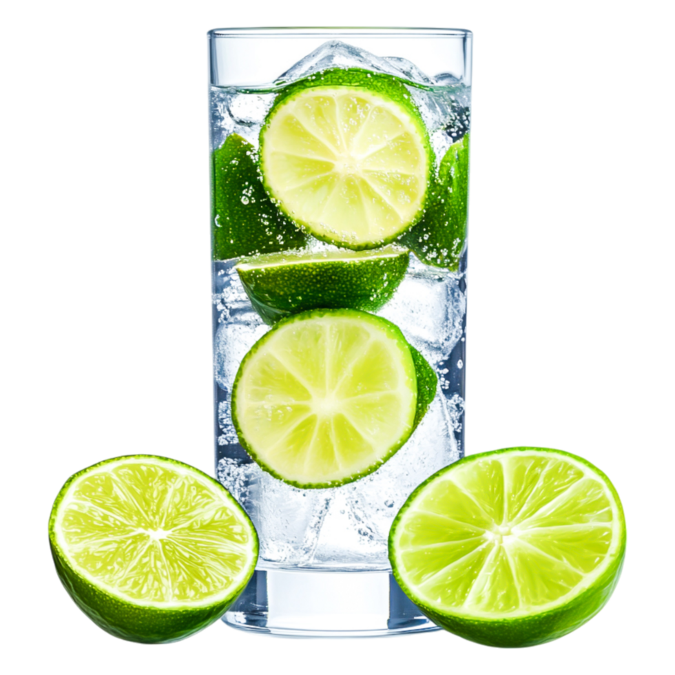 Refreshing Glass of Lime Water with Slices and Ice Cubes png