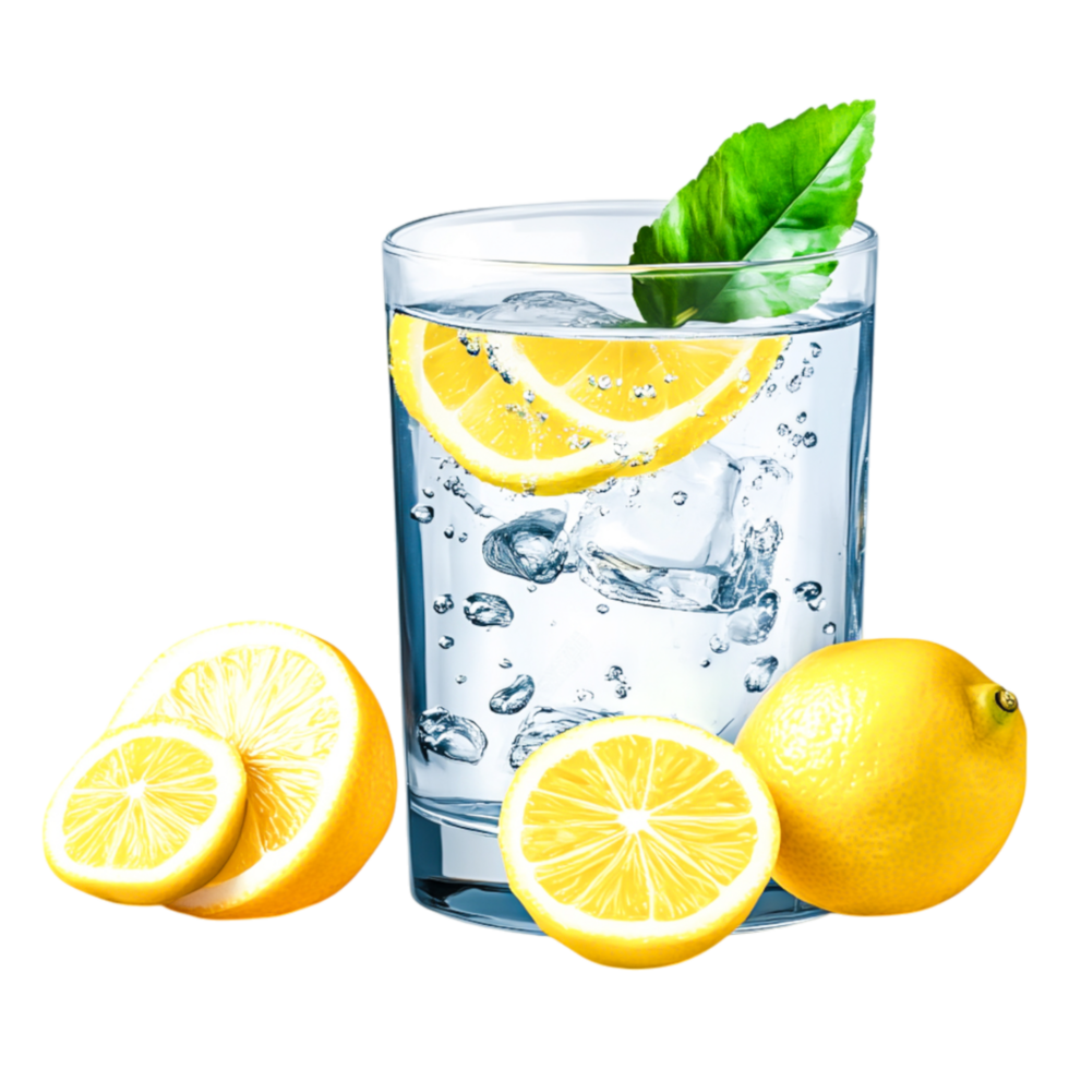 Refreshing Sparkling Water with Lemon and Green Leaf Garnish png