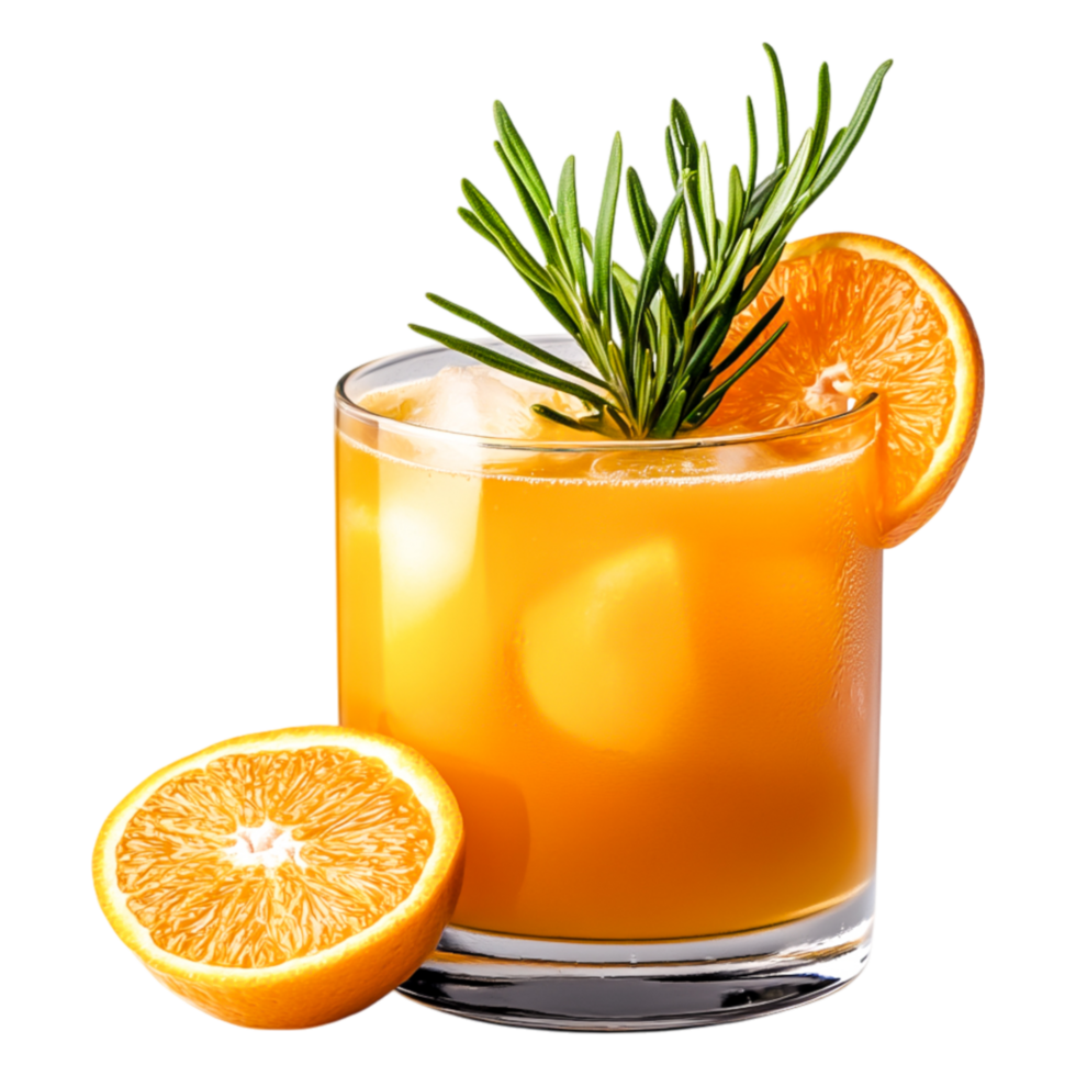 Refreshing Orange Cocktail with Rosemary Garnish and Ice Cubes png