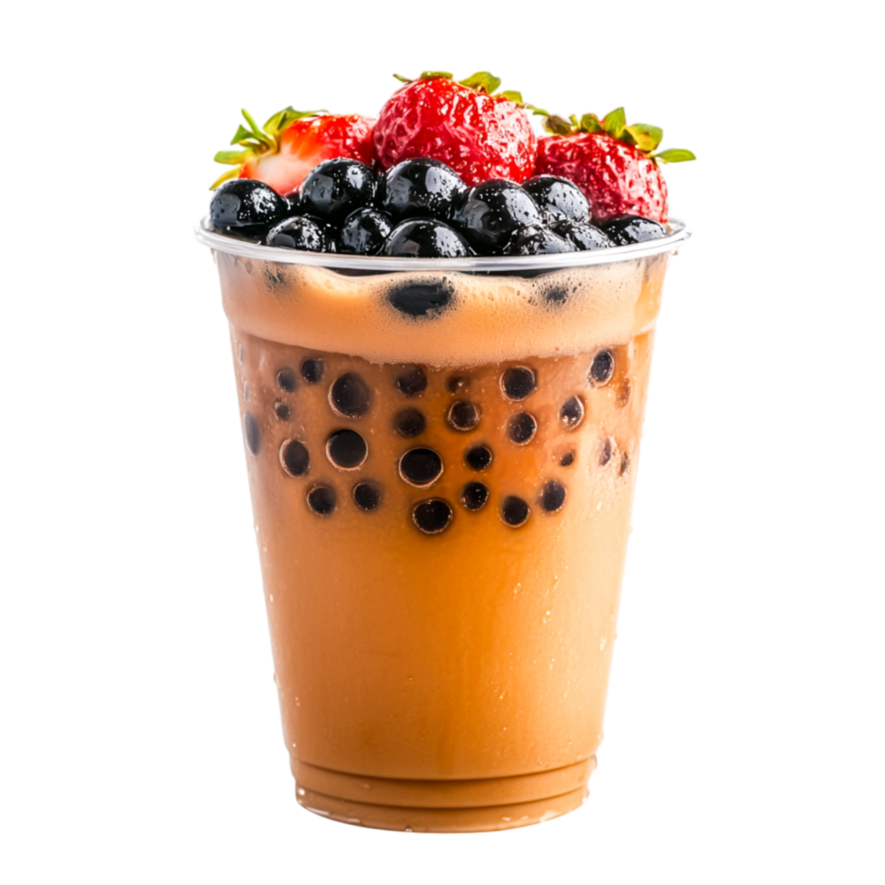 Refreshing Bubble Tea with Boba Pearls and Fresh Berries Delight png