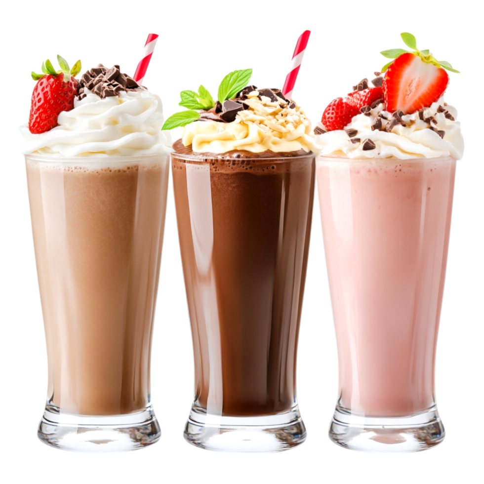 Three Delicious Milkshakes in Glasses with Toppings and Straws png