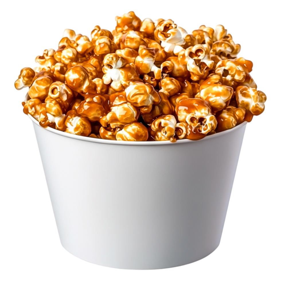 Delicious Caramel Popcorn in a White Bucket Ready for Enjoyment png