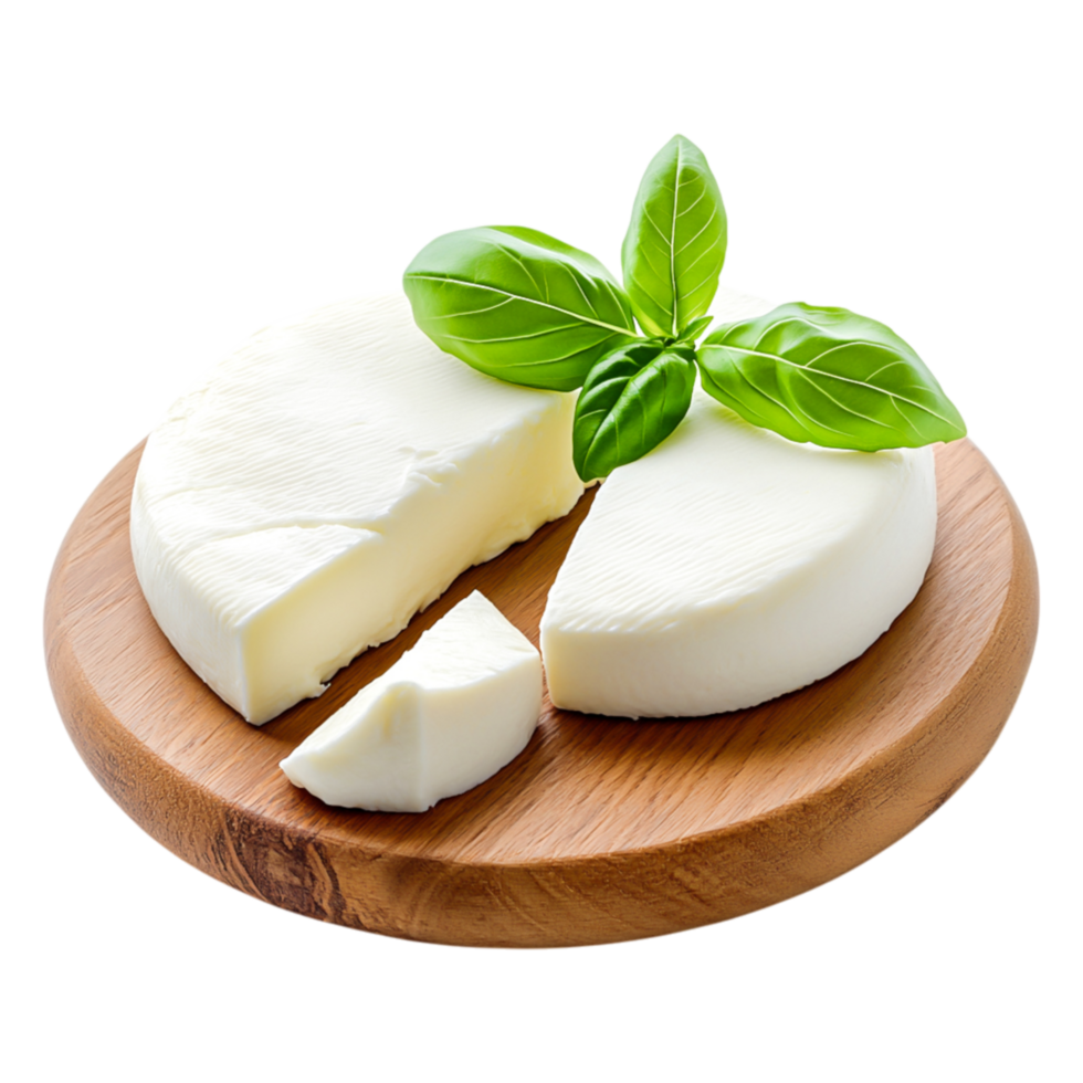 Fresh Mozzarella Cheese with Basil Leaves on Wooden Board png