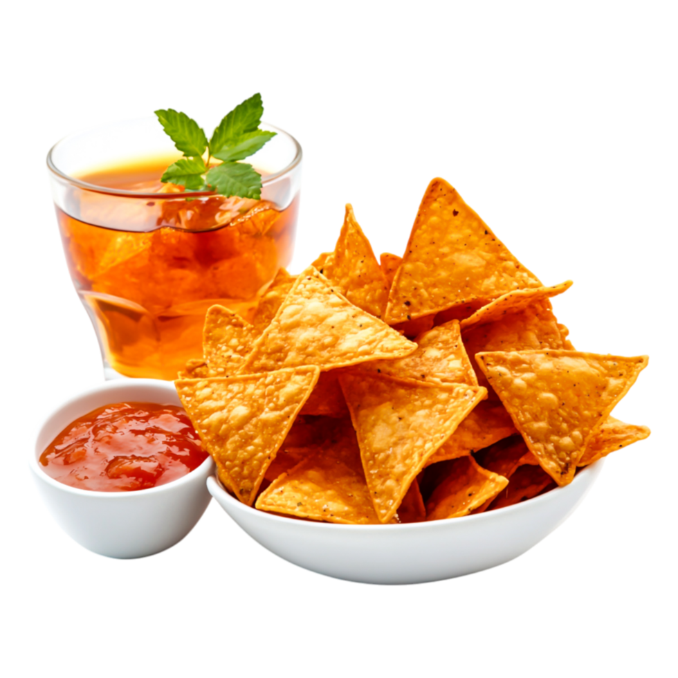 Crispy Tortilla Chips with Salsa and Refreshing Beverage on Table png