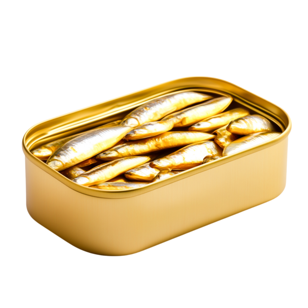 Golden Metal Tin Filled with Shiny Sardines in an Elegant Display png