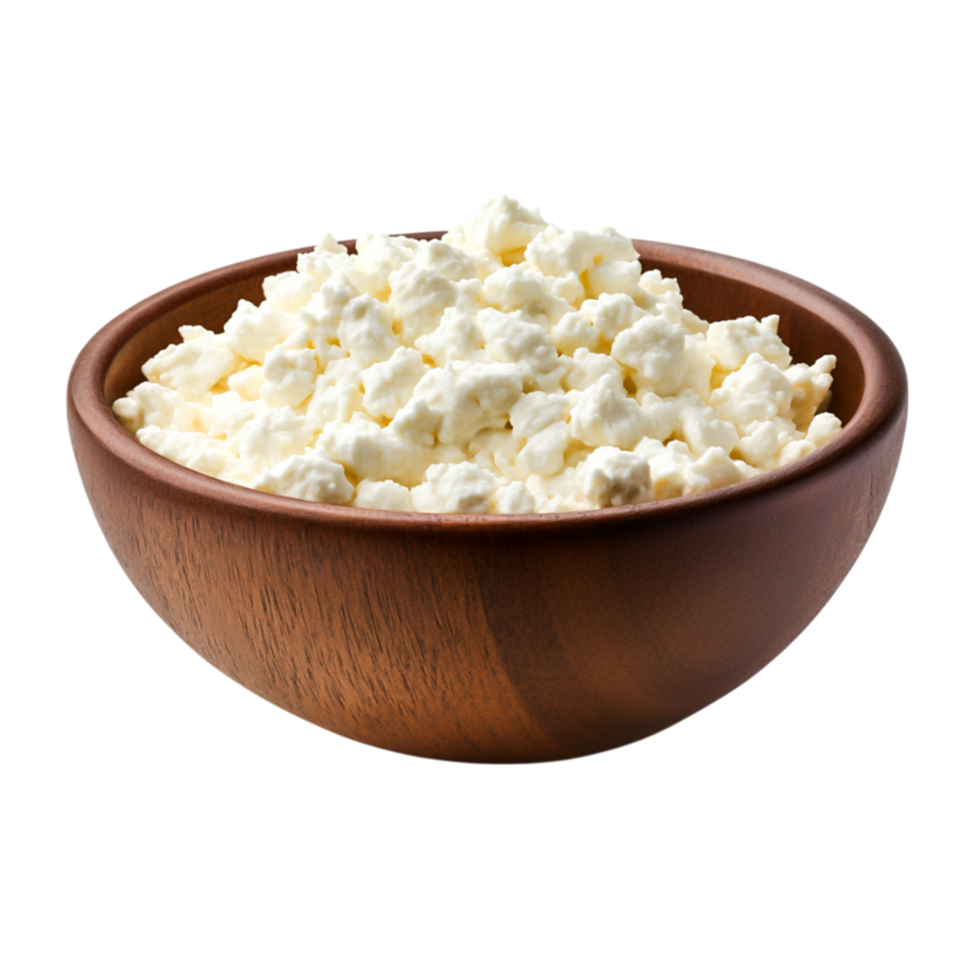Fresh Cottage Cheese in a Wooden Bowl Surrounded by Texture png