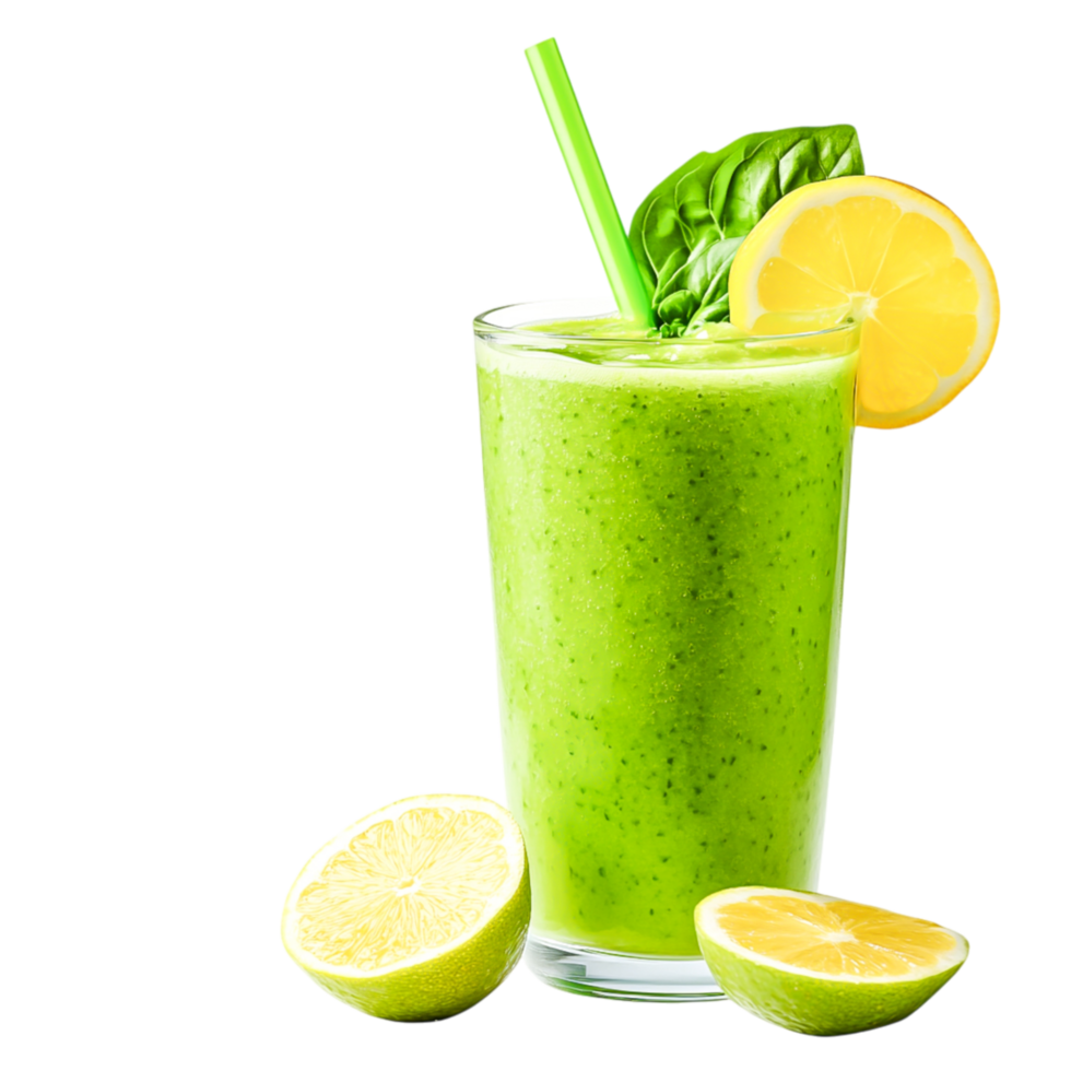Refreshing Green Smoothie with Lime and Basil Garnish in Glass png