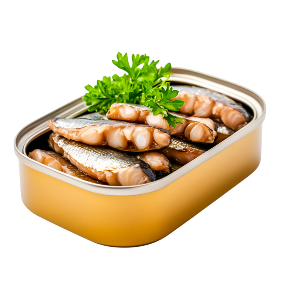 Freshly Packed Seafood in Open Tin with Garnish of Green Herbs png