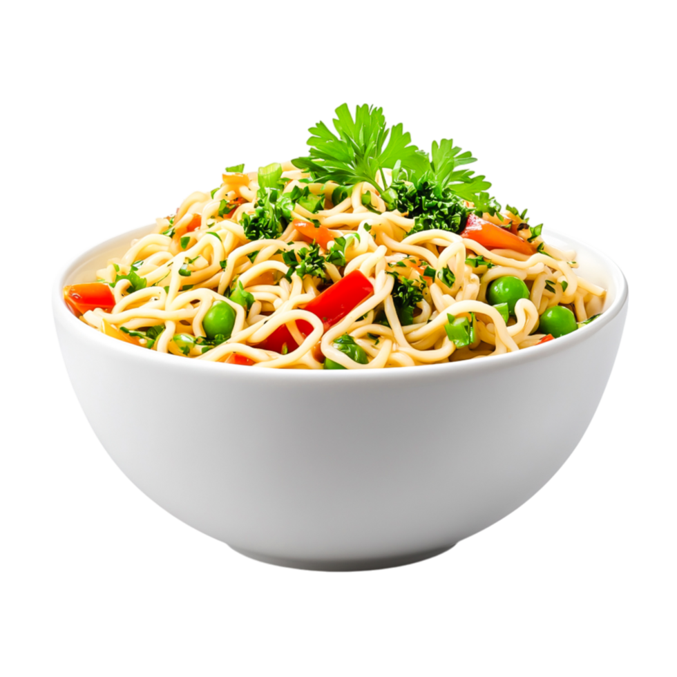 Freshly Prepared Noodle Bowl with Vegetables and Herbs png