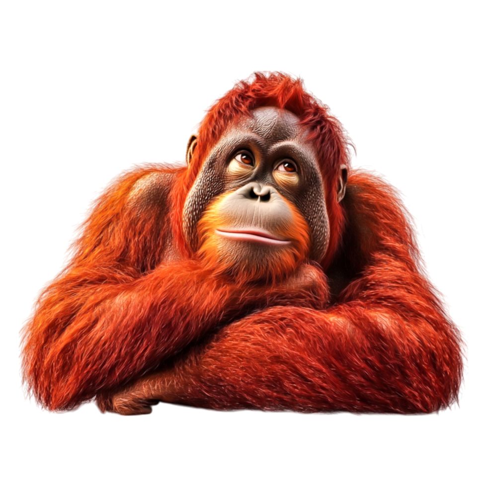 Thoughtful orangutan resting with expressive eyes and vibrant fur png