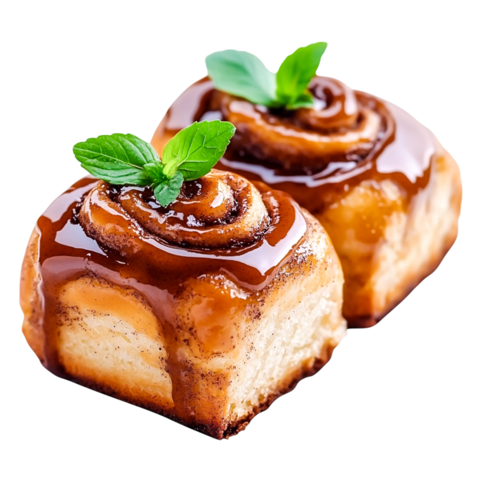 Delicious Cinnamon Roll Bites with Caramel Glaze and Mint Leaf png