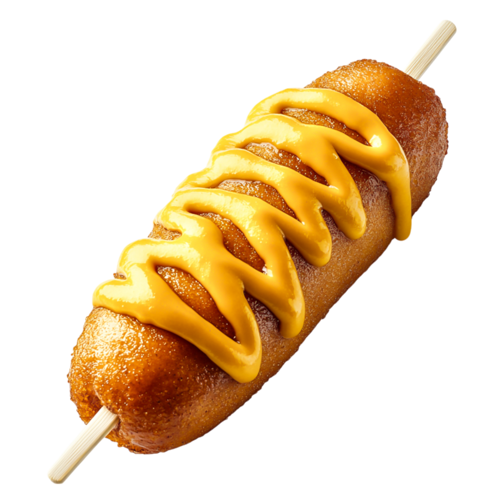 Delicious Corn Dog with Mustard Sauce Drizzling on png