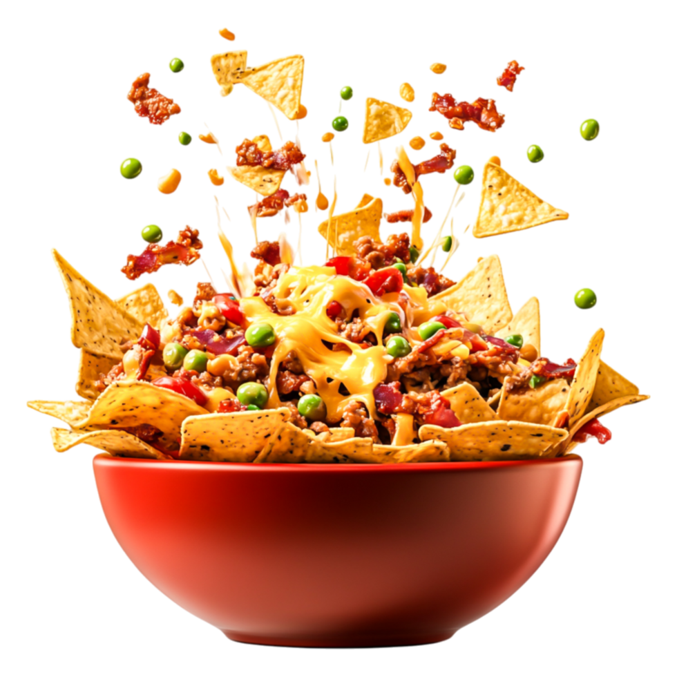 Cheesy Nachos with toppings and toppings flying in a red bowl png