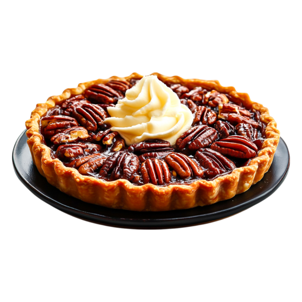 Delicious Homemade Pecan Pie with Whipped Cream on a Plate png