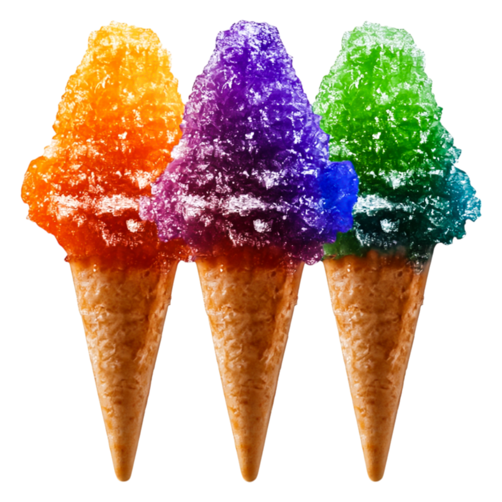 Colorful Snow Cone Treats in Three Delicious Flavors on Cones png